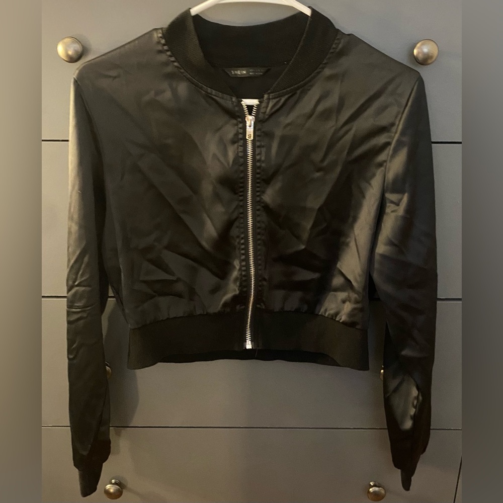 Small SHEIN Black Classy Zip Up Leather Look Bomber Jacket